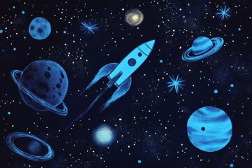 Poster - Creative stickers depicting a rocket soaring through a colorful galaxy with planets and stars in the night sky. Generative AI