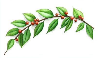 Wall Mural - Vibrant green leaf branch with red berries set against a white background, ideal for nature-themed designs