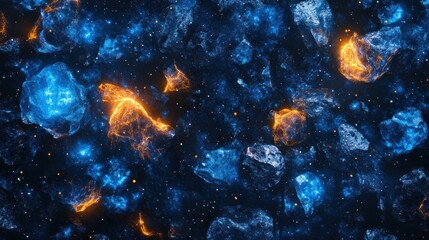 Poster - Colorful cosmic sticker design featuring bright blue and orange celestial rocks in a starry background. Generative AI