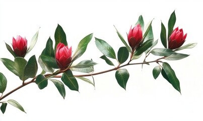 Wall Mural - Vibrant pink flowers blooming on a green branch against a clean white background