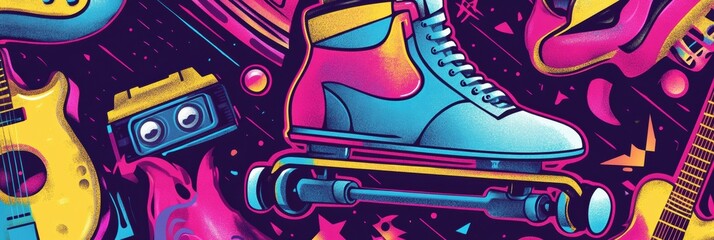 Aufkleber - Retro sticker designs featuring roller skates and cassette tapes capturing vibrant 80s music culture. Generative AI
