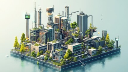 Poster - A concept illustration of a next-gen smart city with edge computing, green power, and cyber protection.