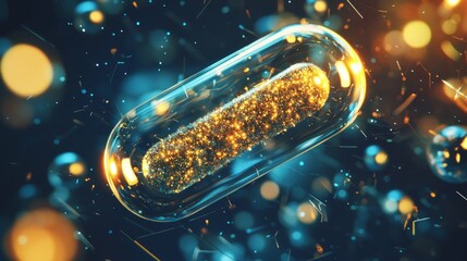 Poster - Glowing Capsule Surrounded by Colorful Particles in Abstract Setting