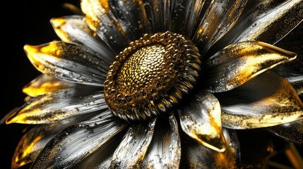 Poster - A dazzling metallic sunflower with vibrant hues of gold and silver, emphasizing its intricate petal structure.