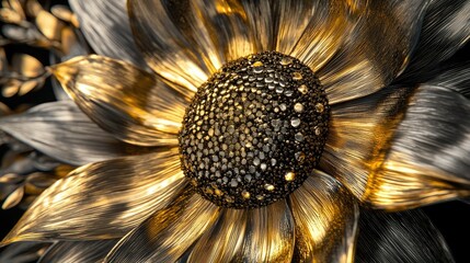 Poster - A dazzling metallic sunflower with vibrant hues of gold and silver, emphasizing its intricate petal structure.