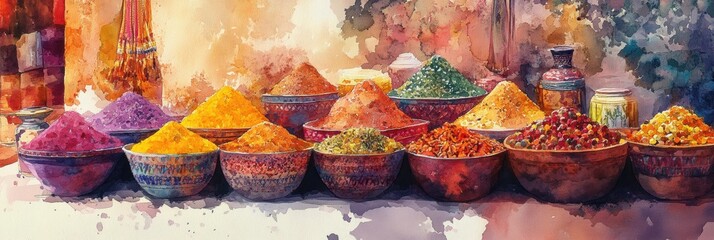 Aufkleber - Colorful spices arranged in bowls at a market in a vibrant setting during daylight hours. Generative AI