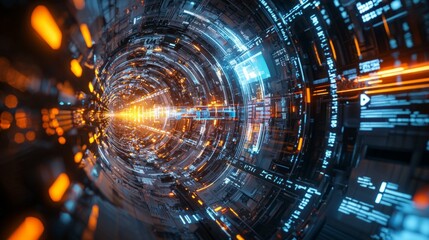 Poster - Abstract Digital Tunnel with Bright Lights and High-Tech Patterns