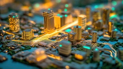 Poster - A futuristic cityscape with glowing circuit board pathways, symbolizing data visualization and technology.