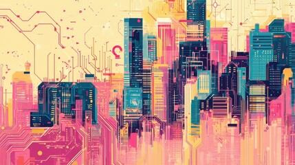 Poster - A high-tech city emerging from a colorful circuit board, illustrating data flow and connectivity.
