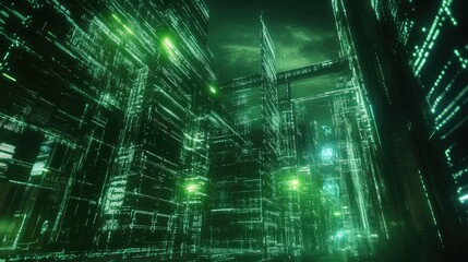 Poster - A high-tech cityscape with glowing digital connections, showcasing brain-computer interfaces and green energy.