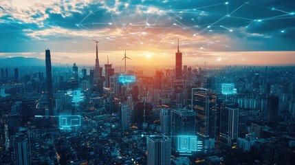 Poster - A high-tech metropolis with AI-driven infrastructure, wind and solar power, and secure data encryption.
