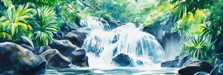 Poster - Natural waterfall cascading through lush green foliage in a serene tropical environment. Generative AI