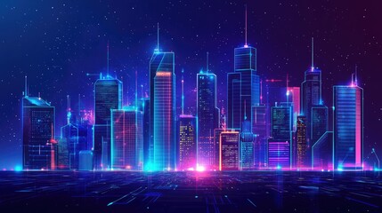 Poster - A neon-lit smart city with data streams and secure digital networks ensuring sustainability and safety.