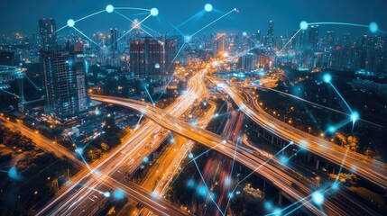 Poster - A neon-lit smart city with data streams and secure digital networks ensuring sustainability and safety.