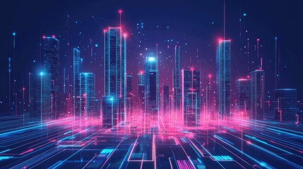 Poster - A neon-lit smart city with data streams and secure digital networks ensuring sustainability and safety.