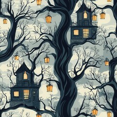 Spooky Seamless Pattern Featuring Haunted Houses and Creepy Trees