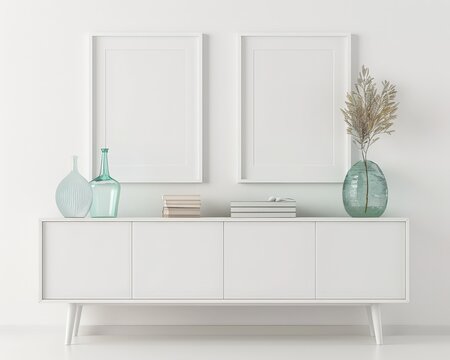 Two empty picture frames hang above a white sideboard with vases and books