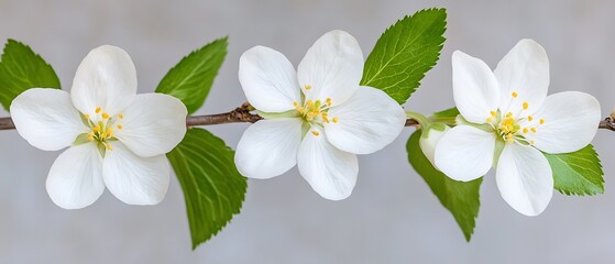 Wall Mural - Apple blossoms blooming on a branch, gray backdrop. Spring promo use