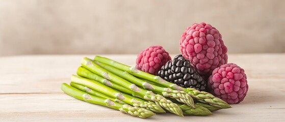 Canvas Print - Asparagus and berries on wood table. Diet concept. Healthy ingredients background