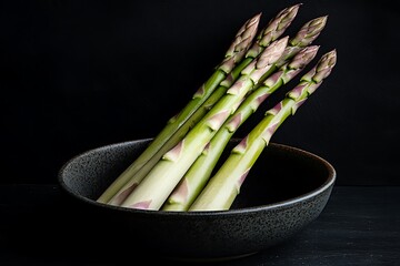 Canvas Print - Asparagus spears in bowl on dark surface for recipe blog/cooking/food prep. Dark studio background