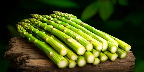 Canvas Print - Asparagus stack rests on wood against blurry green foliage for an edible product