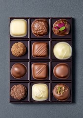 Wall Mural - Assorted chocolates in a box; gourmet sweets for dessert, gift idea on dark background