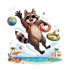 Fun loving raccoon enjoying a day at the beach