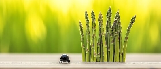 Canvas Print - Beetle meets asparagus on wooden table against blurry garden backdrop. Cooking