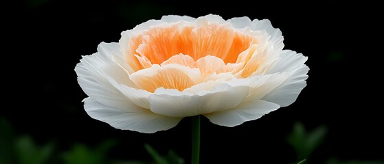 Canvas Print - Blooming apricot-white flower on a single stem with dark green background, for greeting cards