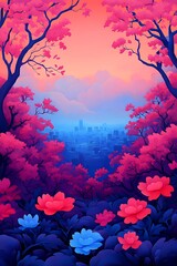 Canvas Print - Blooming flowers overlook city skyline at sunset. Great for wallpaper or promotional background