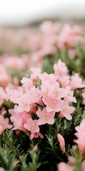 Canvas Print - Blooming pink flowers on green plants in spring field for background use