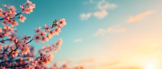 Sticker - Blossoms bloom against a sunset sky; use for spring designs, wallpaper, or backgrounds