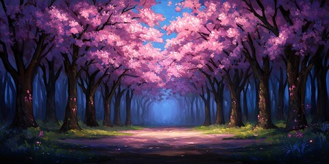 Poster - Blossoms bloom on trees in a pathway, forest setting with glowing light background, great for fantasy art