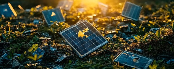 Wall Mural - Sunlight illuminates scattered solar panels on grassy ground, showcasing the intersection of technology and nature.