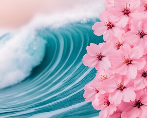 Wall Mural - Blossoms frame wave crashing. Nature combination for serene coastal beauty, ad use