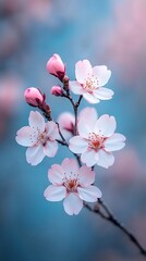 Wall Mural - Blossoms on branch, opening against blurred garden backdrop, for spring greeting