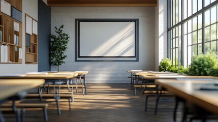 Poster - a modern classroom featuring large windows, wooden tables, and a whiteboard, creating a bright and i