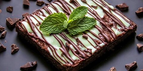 Wall Mural - Brownie on plate w/ frosting & mint, chocolate chunks background; for dessert ads, blog