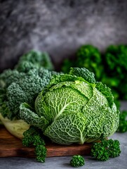 Canvas Print - Cabbage & broccoli on cutting board, blurred greens in back. Food blog or recipe usage