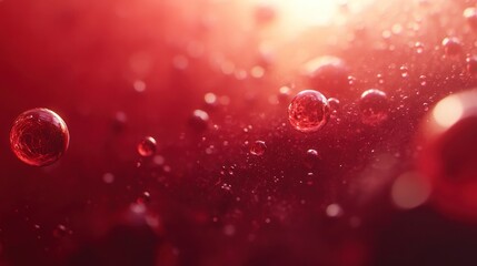 Wall Mural - Red liquid spheres floating, abstract background, sunlit interior