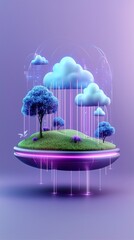 Poster - abstract digital dream world, infinite floating islands, gravity-defying structures, glowing crystal formations, luminous data streams, soft haze, AI-generated landscapes, deep blue and violet hues,