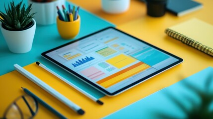 Poster - a vibrant workspace featuring a tablet with colorful charts, stationery, plants, and a notebook on a