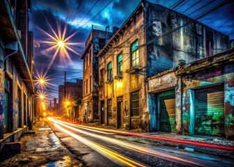 Naklejka na meble Night photography captures light trails and dirty edges in a street scene of urban decay.