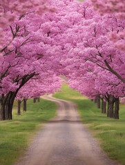 Canvas Print - Cherry trees blossom in a rural road, for springtime nature background