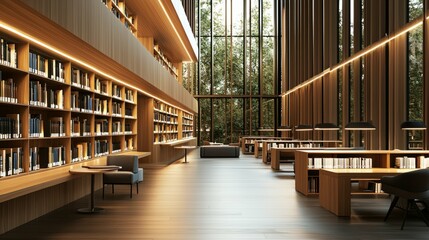 Poster - Serenity of Modern Library with Natural Light and Wooden Design