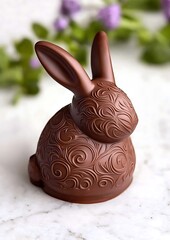 Canvas Print - Chocolate bunny on marble with floral background. Holiday treat promotion