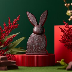 Wall Mural - Chocolate bunny sits on display. Celebration setting with flowers & chocolates in background. Use for holiday