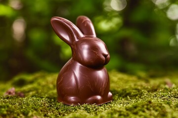 Wall Mural - Chocolate rabbit on moss for Easter, greenery background. Use for holiday, treat images