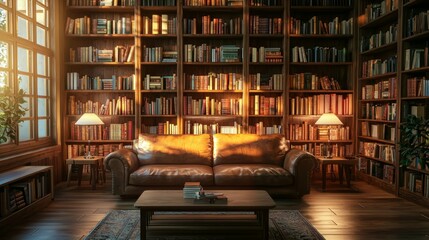 Poster - Cozy reading nook with warm sunlight and wooden bookshelf interior