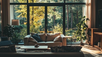 Wall Mural - Cozy Living Room with Large Windows Overlooking Autumn Landscape